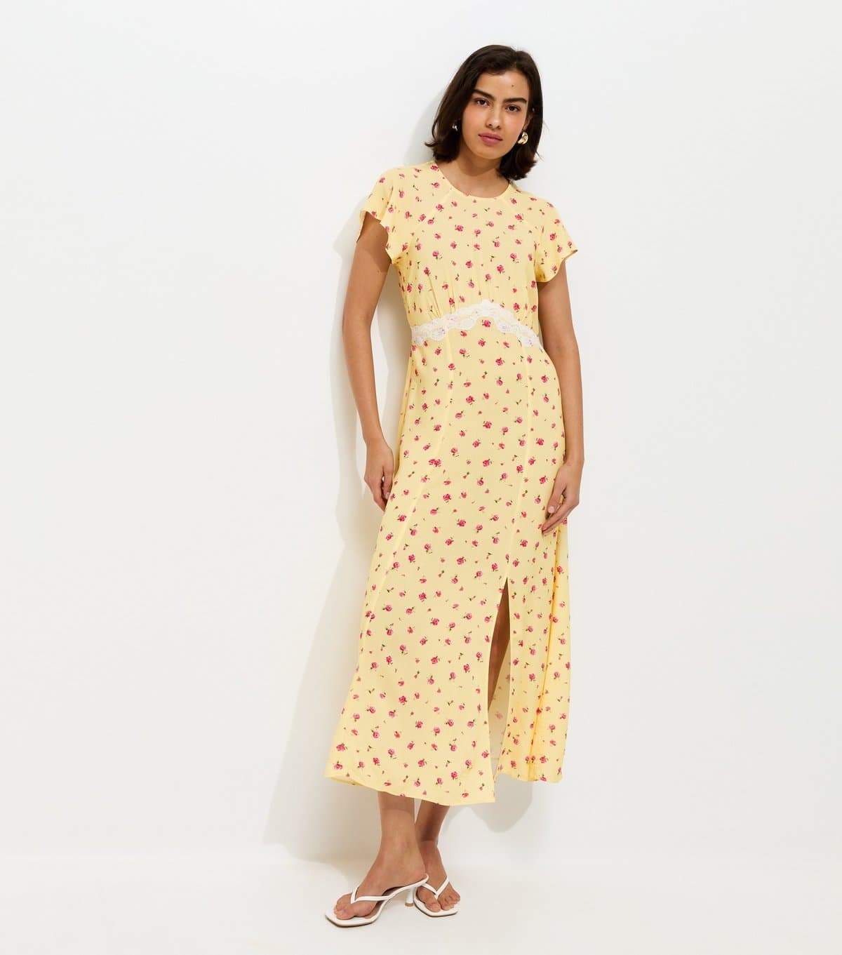 New Look Women's Yellow Floral Lace Waist Midi Dress New Look