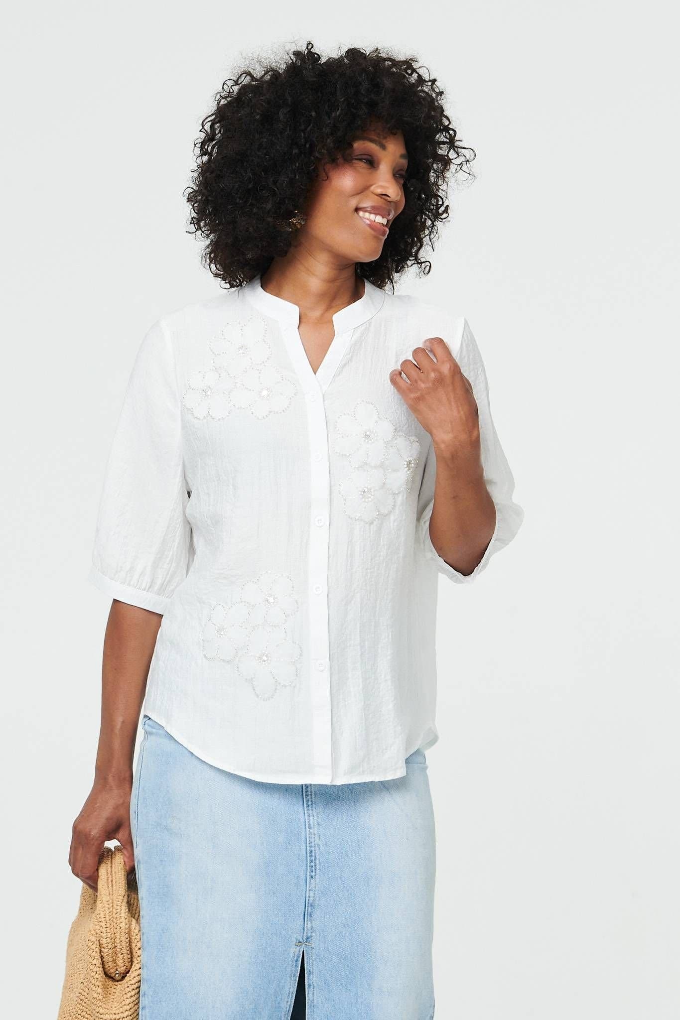 Izabel London Izabel London Women's Embellished Floral 3/4 Sleeve Blouse in White