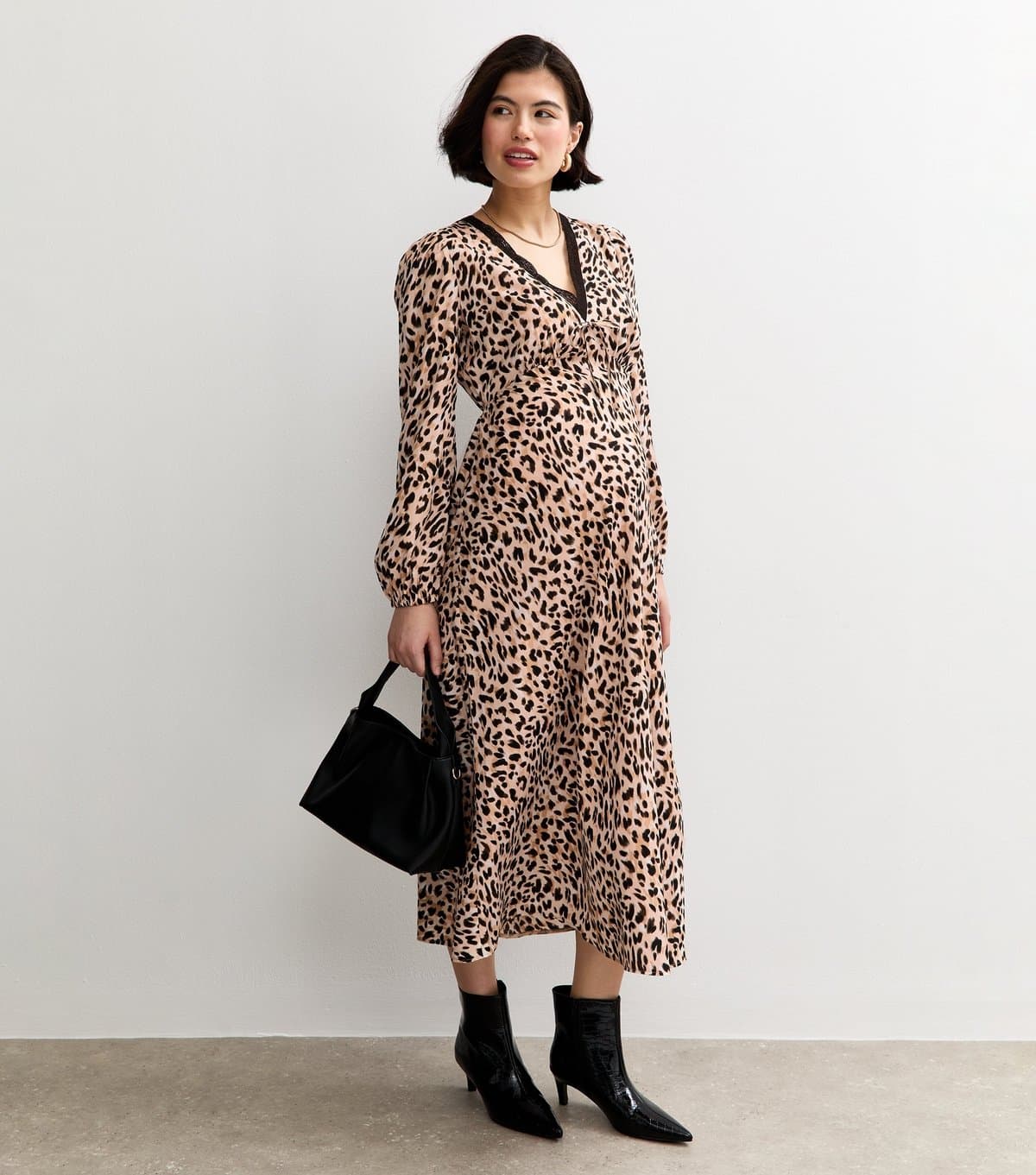 New Look Women's Maternity Brown Leopard Print Lace Trim Midi Dress New Look