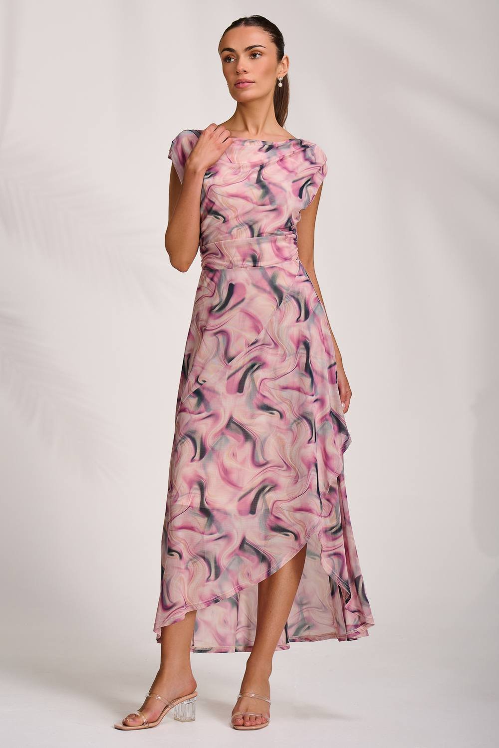 Jolie Moi Jolie Moi Women's Asymmetric Draped Mesh Maxi Dress in Pink - 2