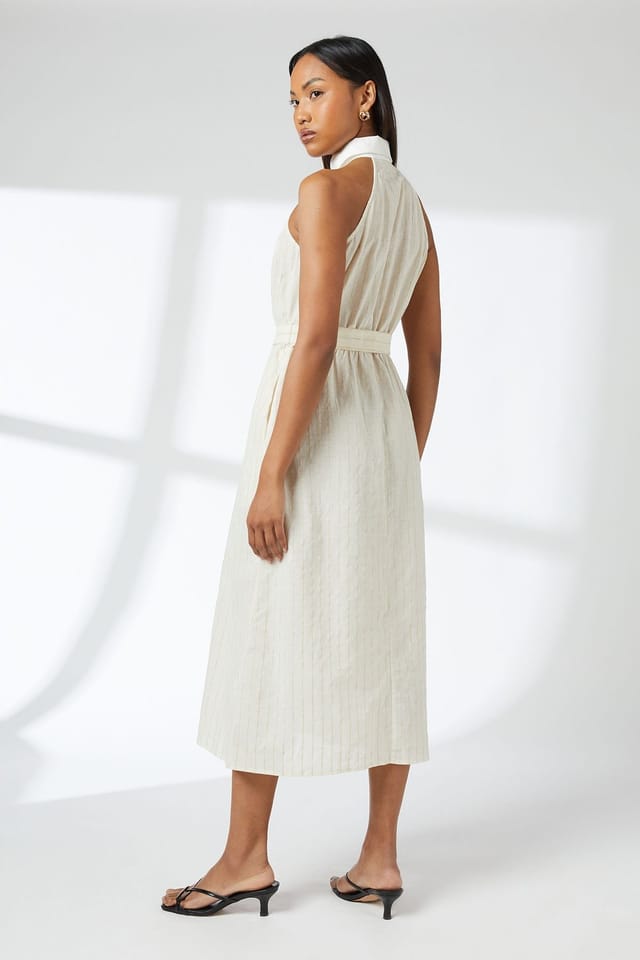 Principles Principles Women's Sand Pinstripe Collared Halterneck Midi Dress - 3