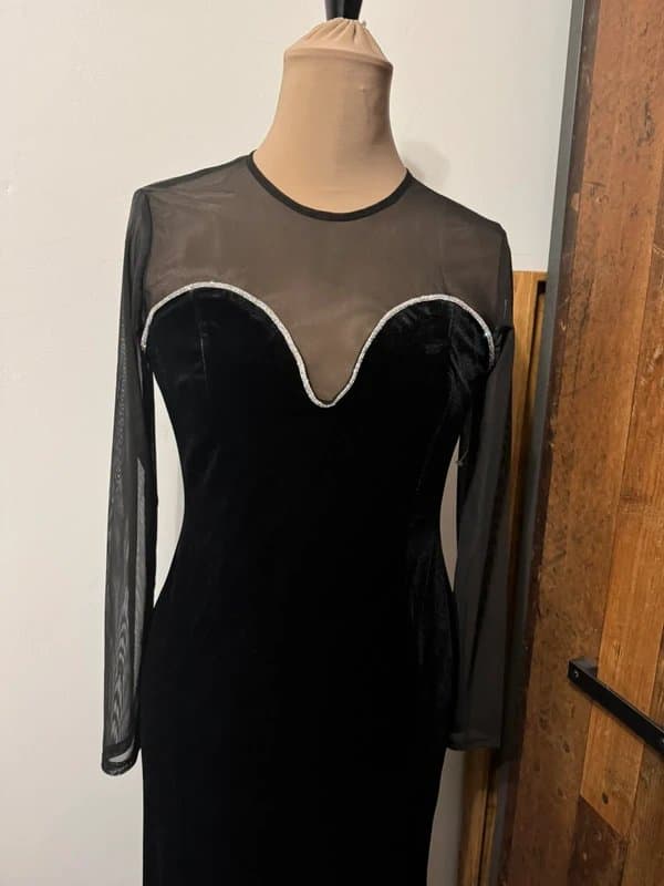 New Look Black Velvet Embellished Trim Mesh Long Sleeve Midi Dress velour size 10