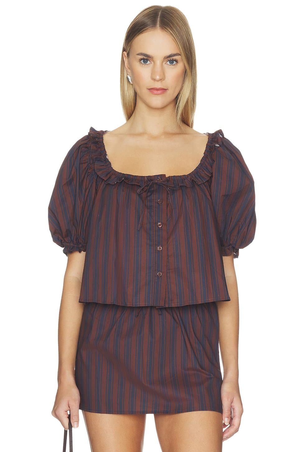 revolve Revolve Brown & Navy Striped Puff Sleeve Blouse & Skirt Set