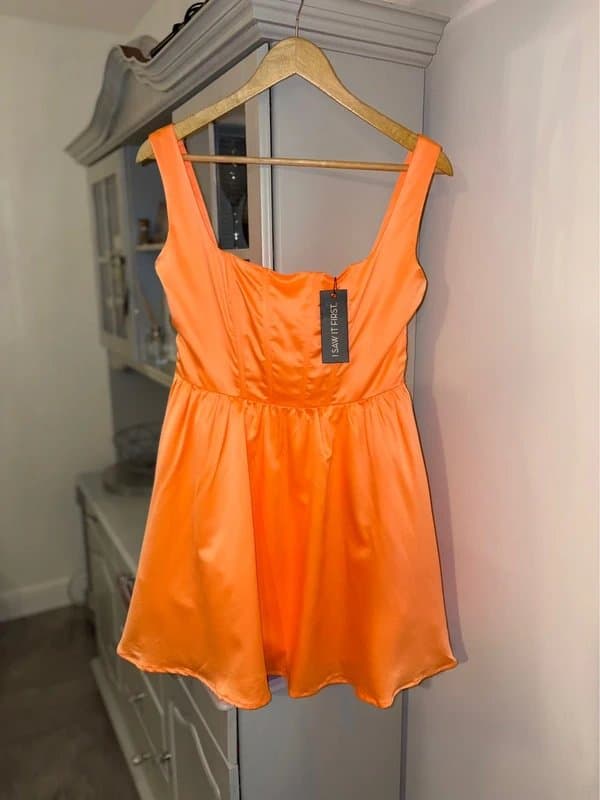 PLT UK 12 coral tangerine corset satin dress sleeveless skater mini holiday evening wedding occasion