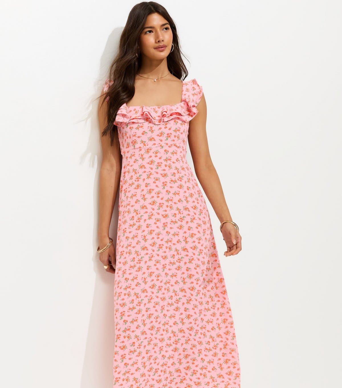 New Look Women's Light Pink Floral Ditsy Scoop Neck Ruffle Midi Dress New Look