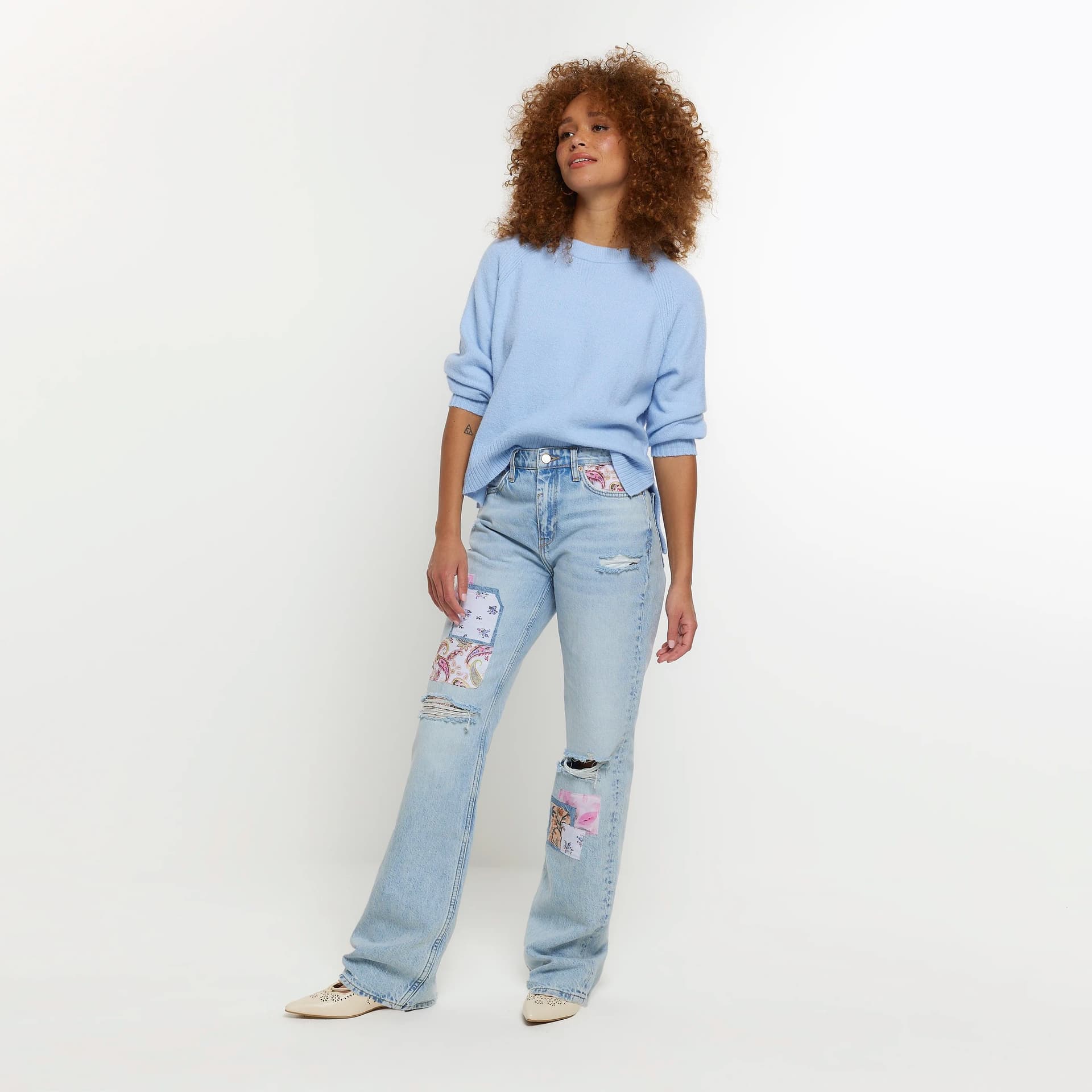 Kind Society River Island Womens Blue Patch Stove Pipe Straight Jeans