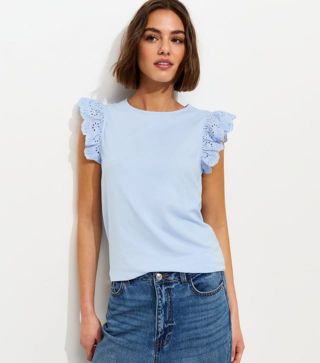 New Look Women's Light Blue Broderie Frill Sleeve Top New Look - 2