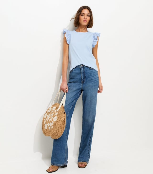 New Look Women's Light Blue Broderie Frill Sleeve Top New Look - 3