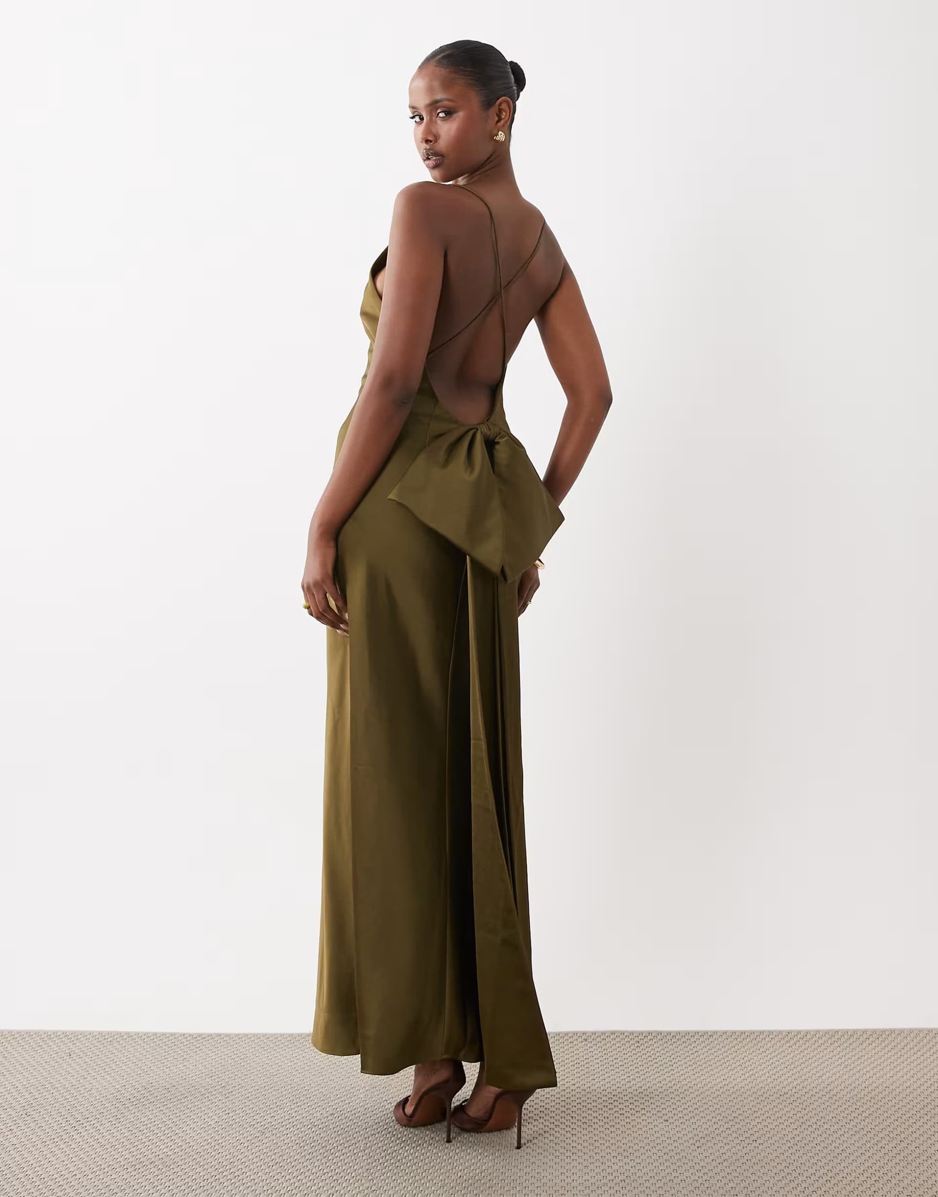 ASOS ASOS DESIGN satin cami maxi dress with bow back in khaki