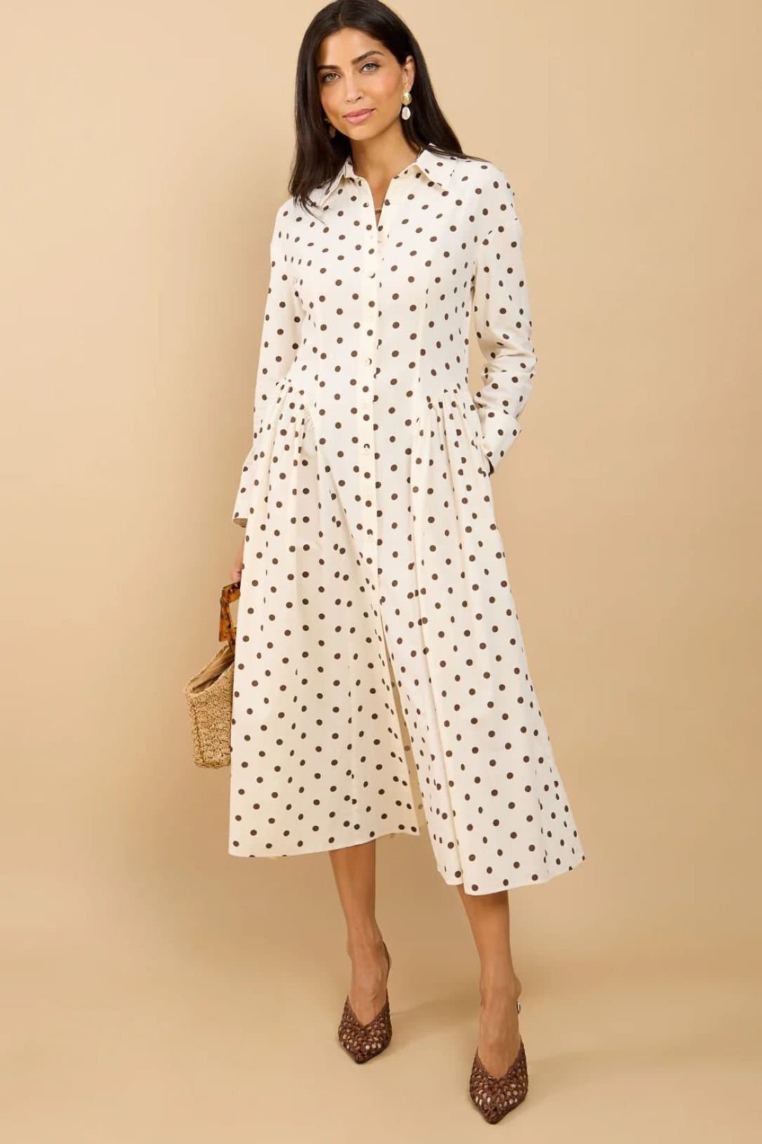 Little Mistress Little Mistress Women's Polka Dot Midaxi Shirt Dress in Cream