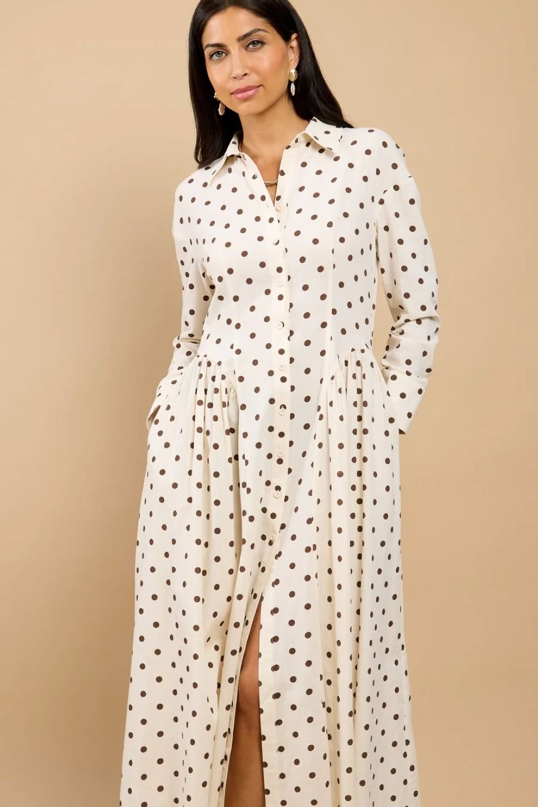 Little Mistress Little Mistress Women's Polka Dot Midaxi Shirt Dress in Cream - 4