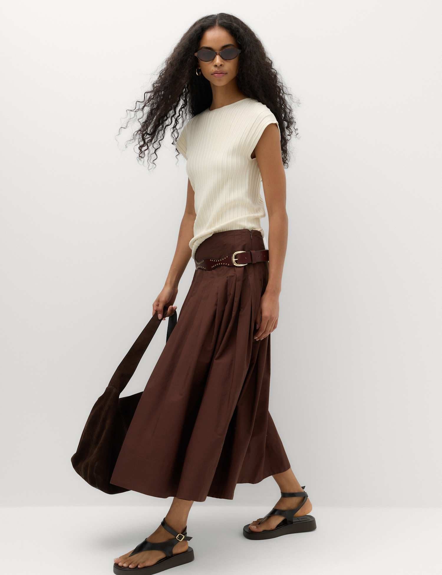 Marks & Spencer M&S Pure Cotton Pintuck Midi Skirt Brown
