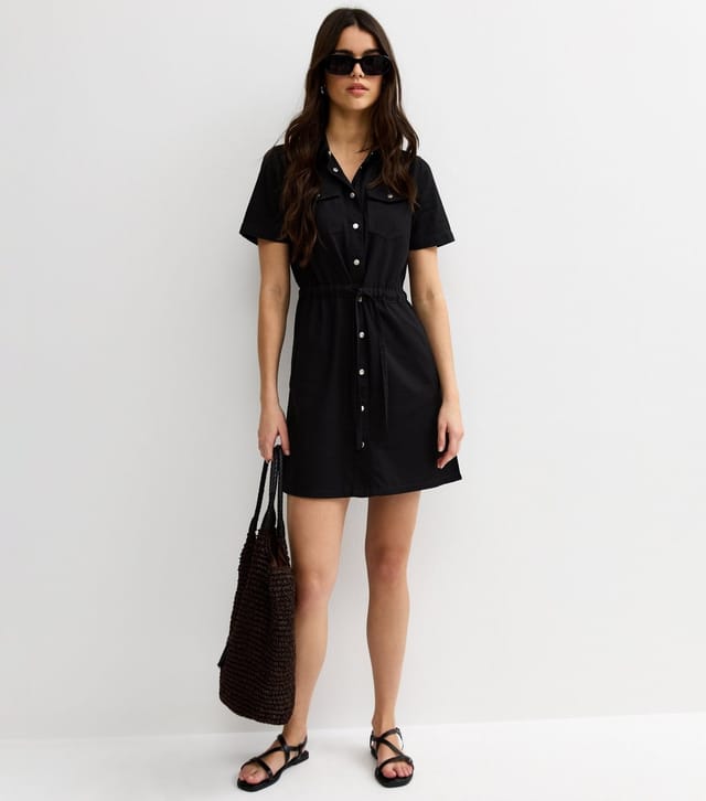 New Look Women's Black Lightweight Denim Shirt A line Mini Dress New Look - 2