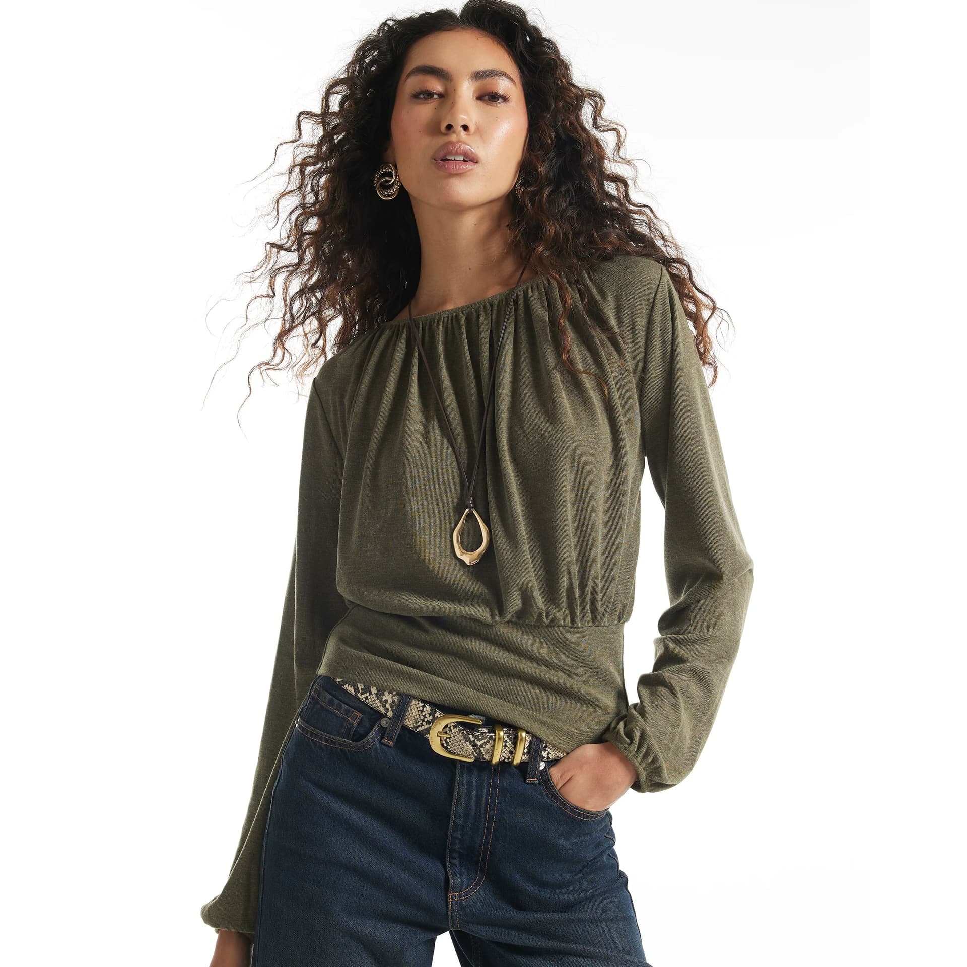 River Island River Island Womens Khaki Ruched Neck Banded Top