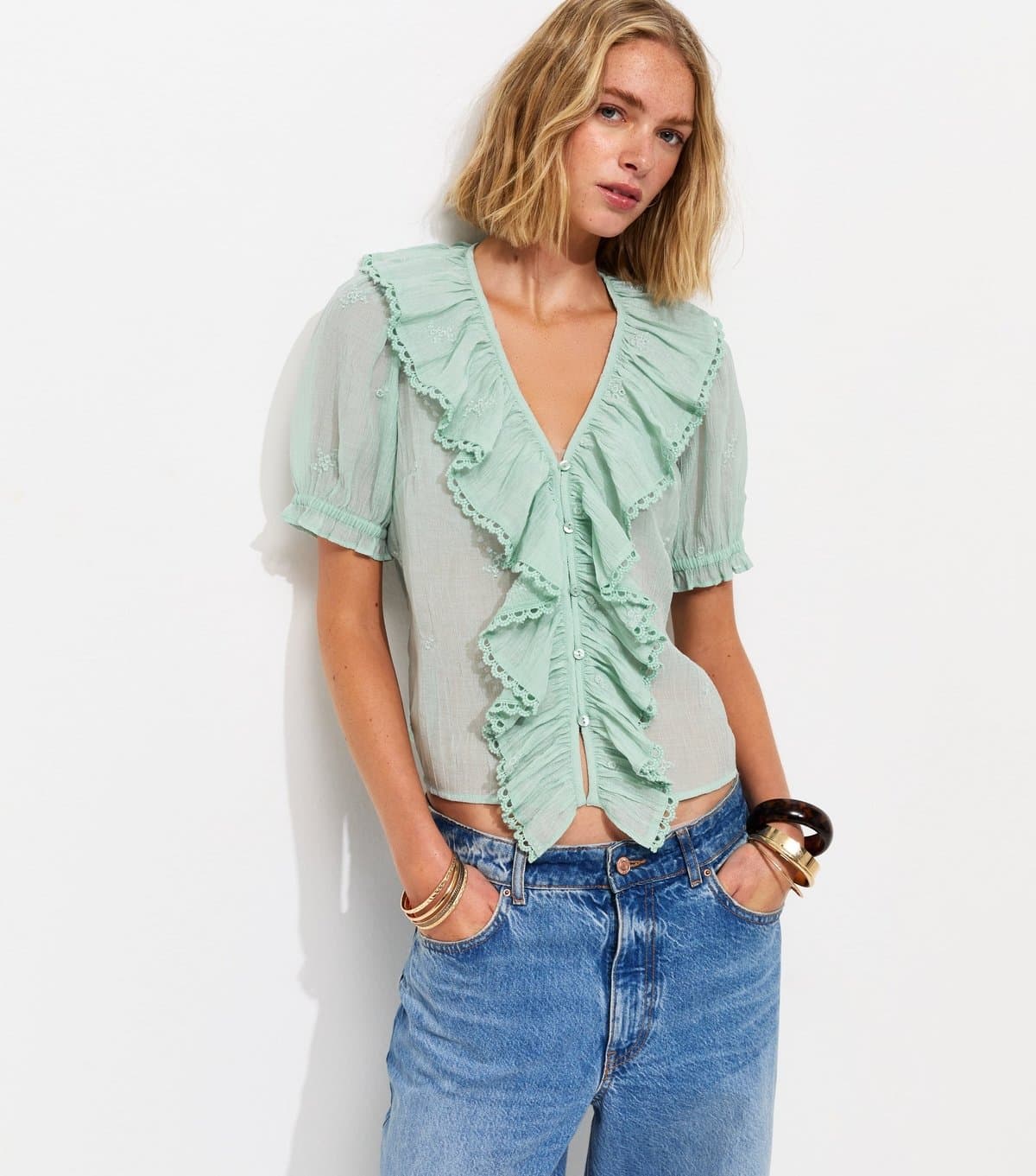 New Look Women's Light Blue Semi-Sheer Embroidered Ruffle V-Neck Blouse New Look