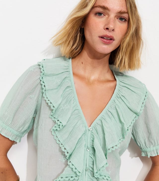 New Look Women's Light Blue Semi-Sheer Embroidered Ruffle V-Neck Blouse New Look - 2