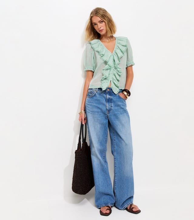 New Look Women's Light Blue Semi-Sheer Embroidered Ruffle V-Neck Blouse New Look - 3