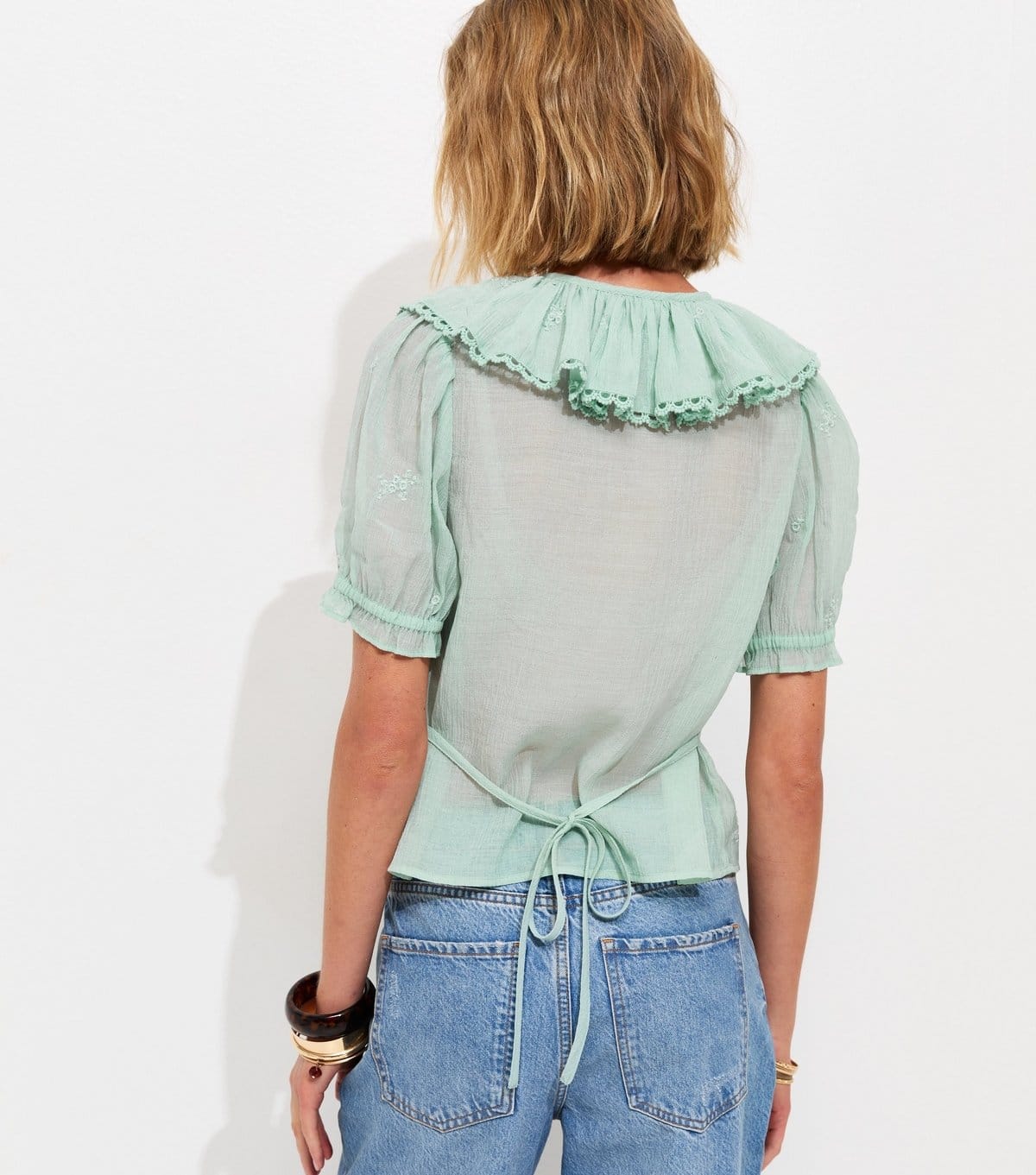 New Look Women's Light Blue Semi-Sheer Embroidered Ruffle V-Neck Blouse New Look - 4