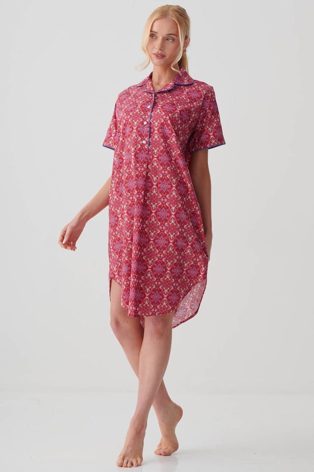British Boxers British Boxers Women's "Byzantine Paisley" Crisp Cotton Short Sleeve Nightshirt in Dark Pink - 2
