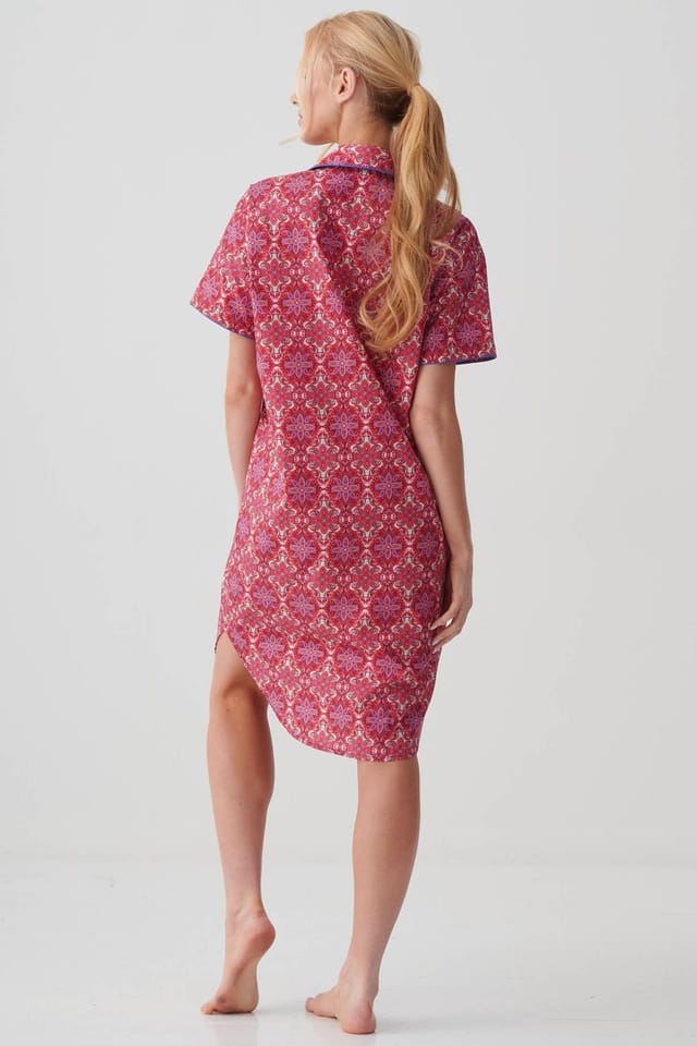 British Boxers British Boxers Women's "Byzantine Paisley" Crisp Cotton Short Sleeve Nightshirt in Dark Pink - 3