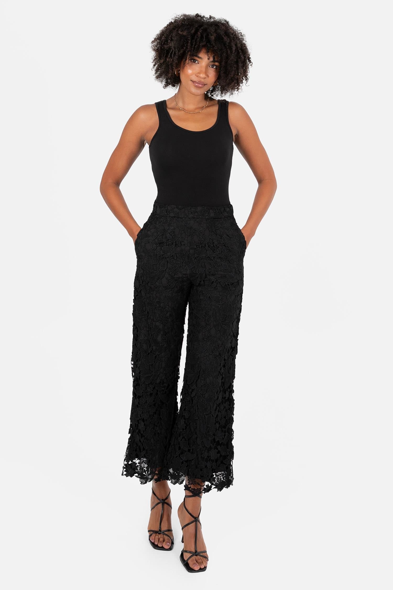Lovedrobe Lovedrobe Women's Floral Lace Scalloped Hem Trousers in Black