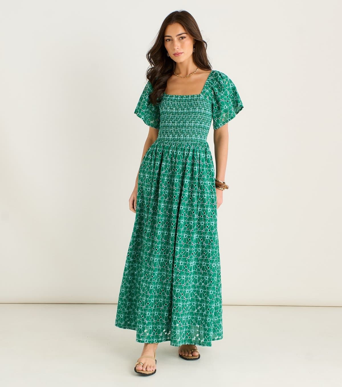 Gini London Women's Green Floral Broderie Midi Dress Gini London New Look
