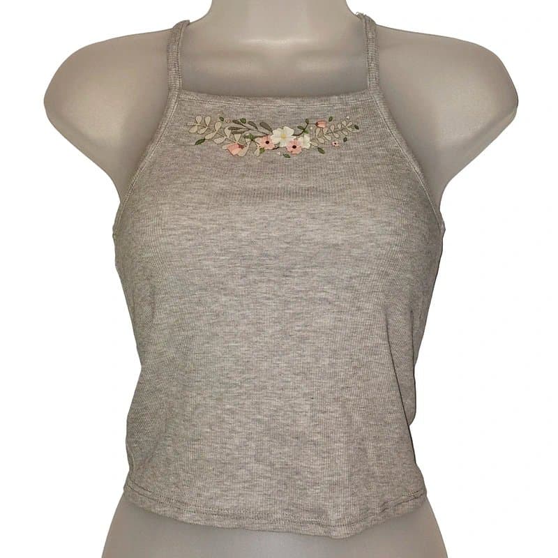 New Look New Look Grey Ribbed Floral Print Strappy Top Size 8