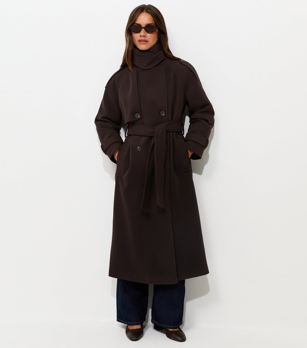 New Look Women's Petite Dark Brown Funnel Neck Long Length Coat New Look