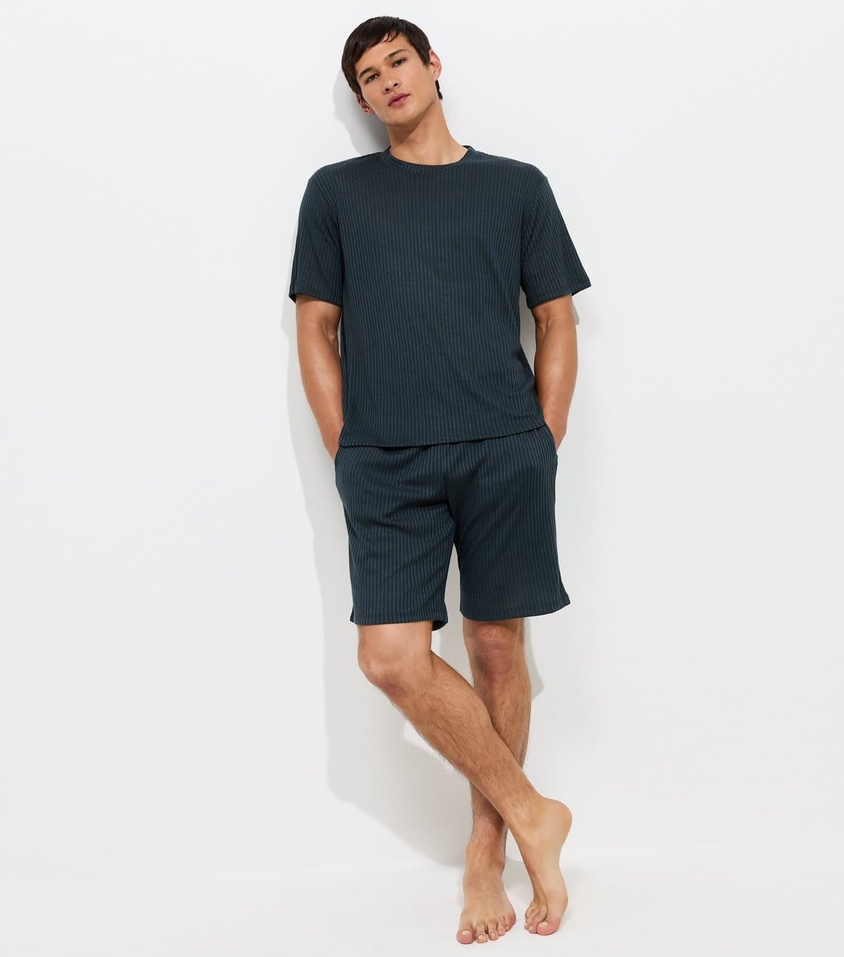 jack & jones Men's Light Grey Ribbed T-Shirt and Shorts Lounge Set Jack & Jones New Look