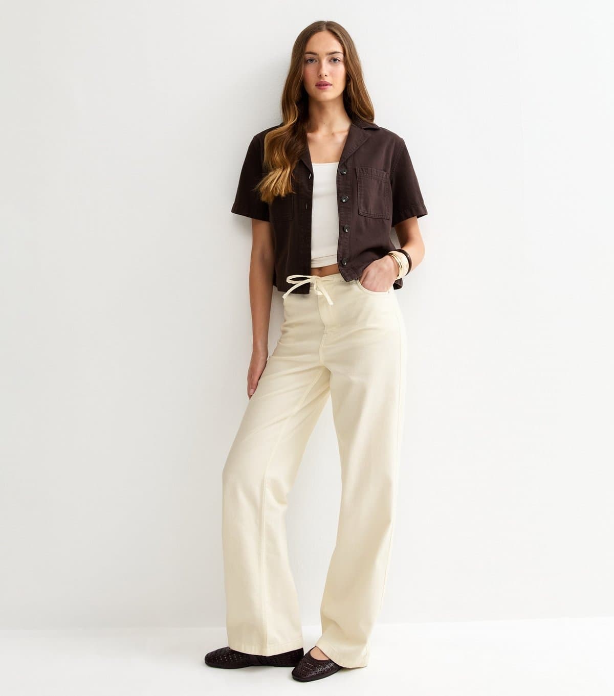 New Look Women's Tall Off White Denim Self Tie Drawcord Waist Wide Leg Jeans New Look