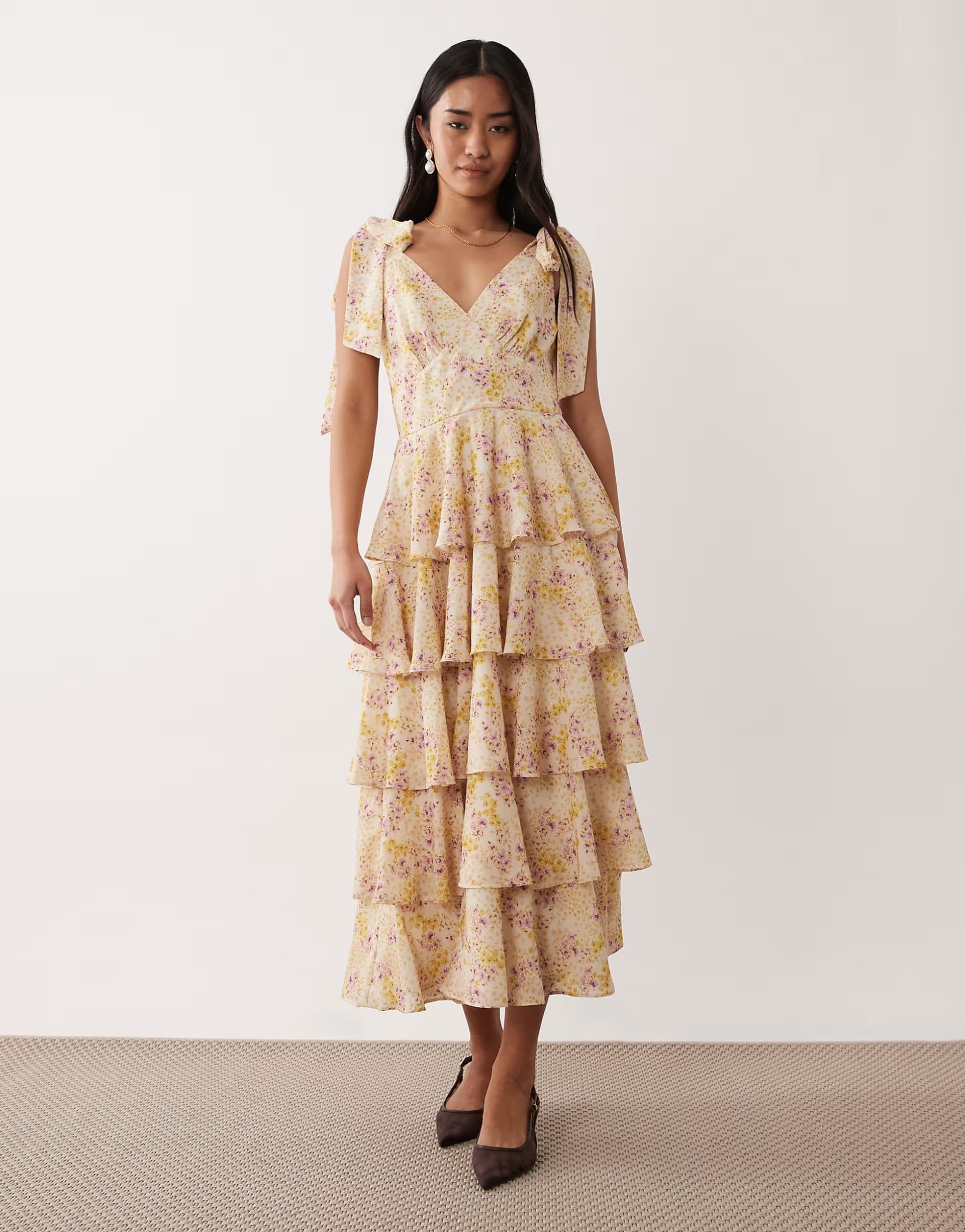 ASOS Pretty Lavish Florie tie shoulder ruffle midaxi dress in ditsy floral