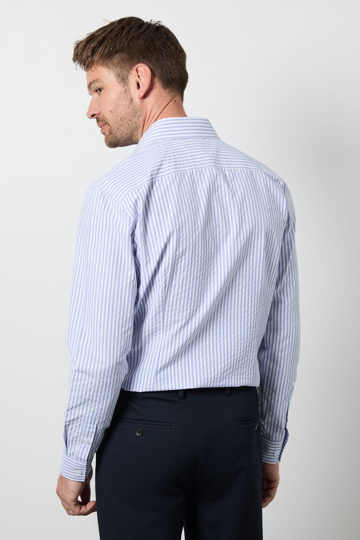 Burton Burton Men's Light Blue Bold Stripes Easy Iron Slim Fit Long Sleeve Shirt - 4