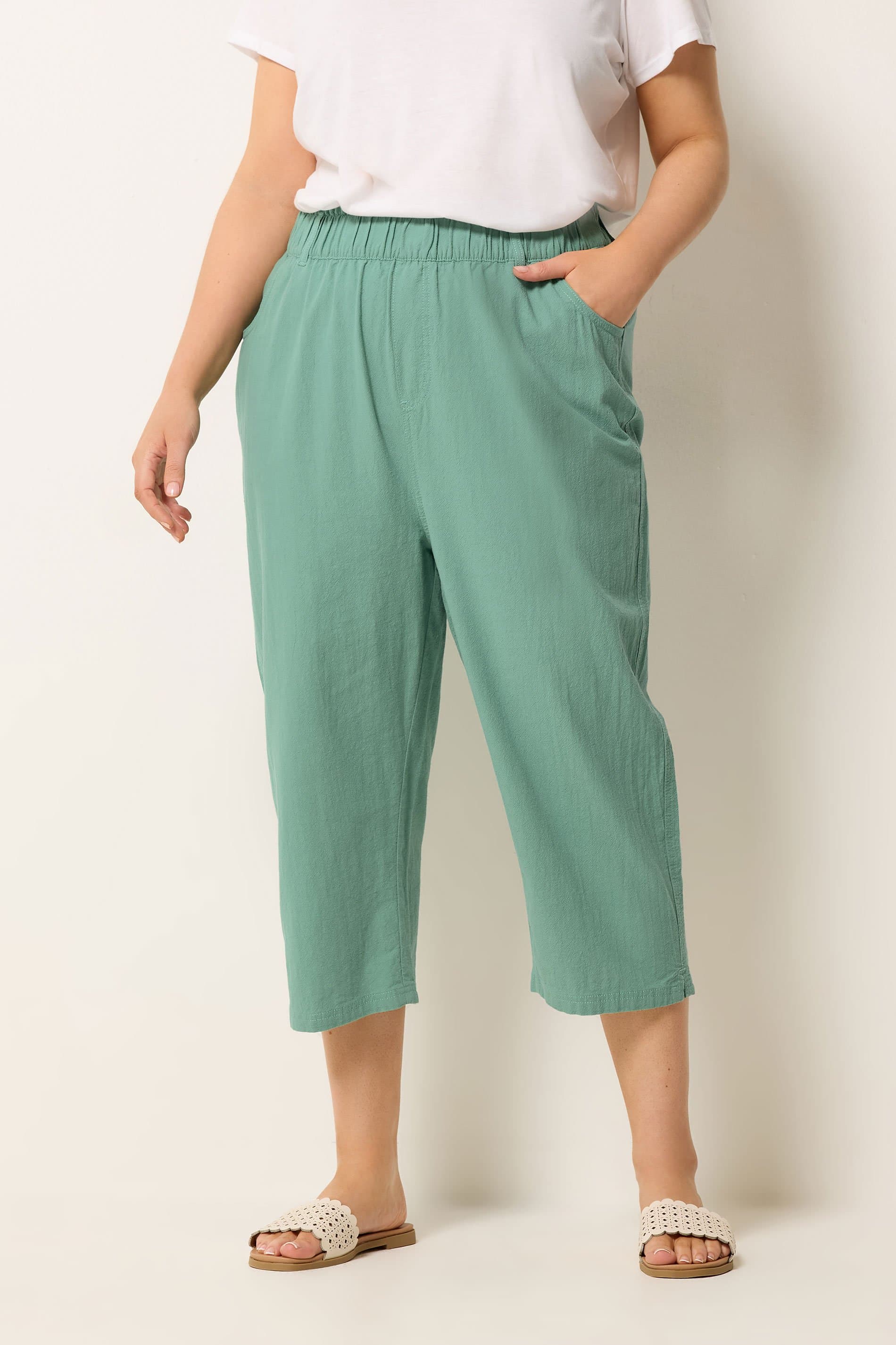 Yours Plus Size Green Cool Cotton Cropped Trousers