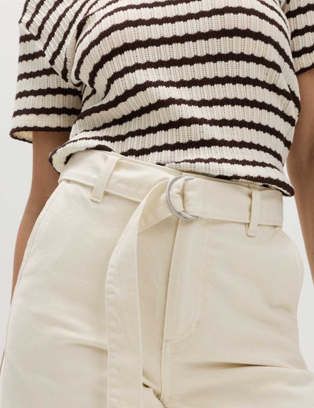 Marks & Spencer M&S Pure Cotton Belted Wide Leg Turn Up Jeans Ecru - 2