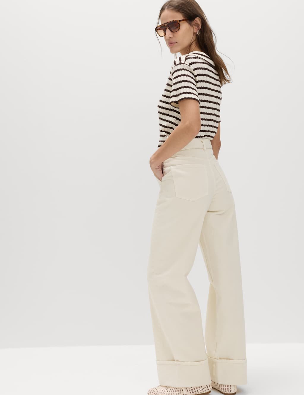 Marks & Spencer M&S Pure Cotton Belted Wide Leg Turn Up Jeans Ecru - 3