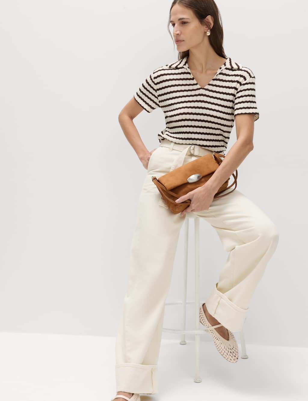 Marks & Spencer M&S Pure Cotton Belted Wide Leg Turn Up Jeans Ecru - 4