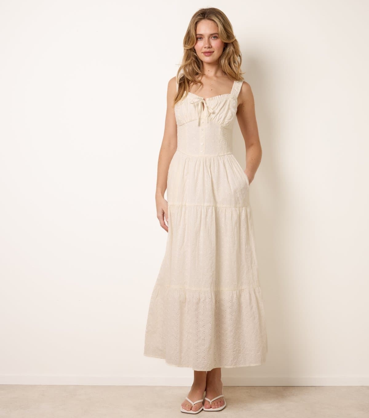 Blue Vanilla Women's Off White Broderie Anglaise Button Detail Maxi Dress Blue Vanilla New Look
