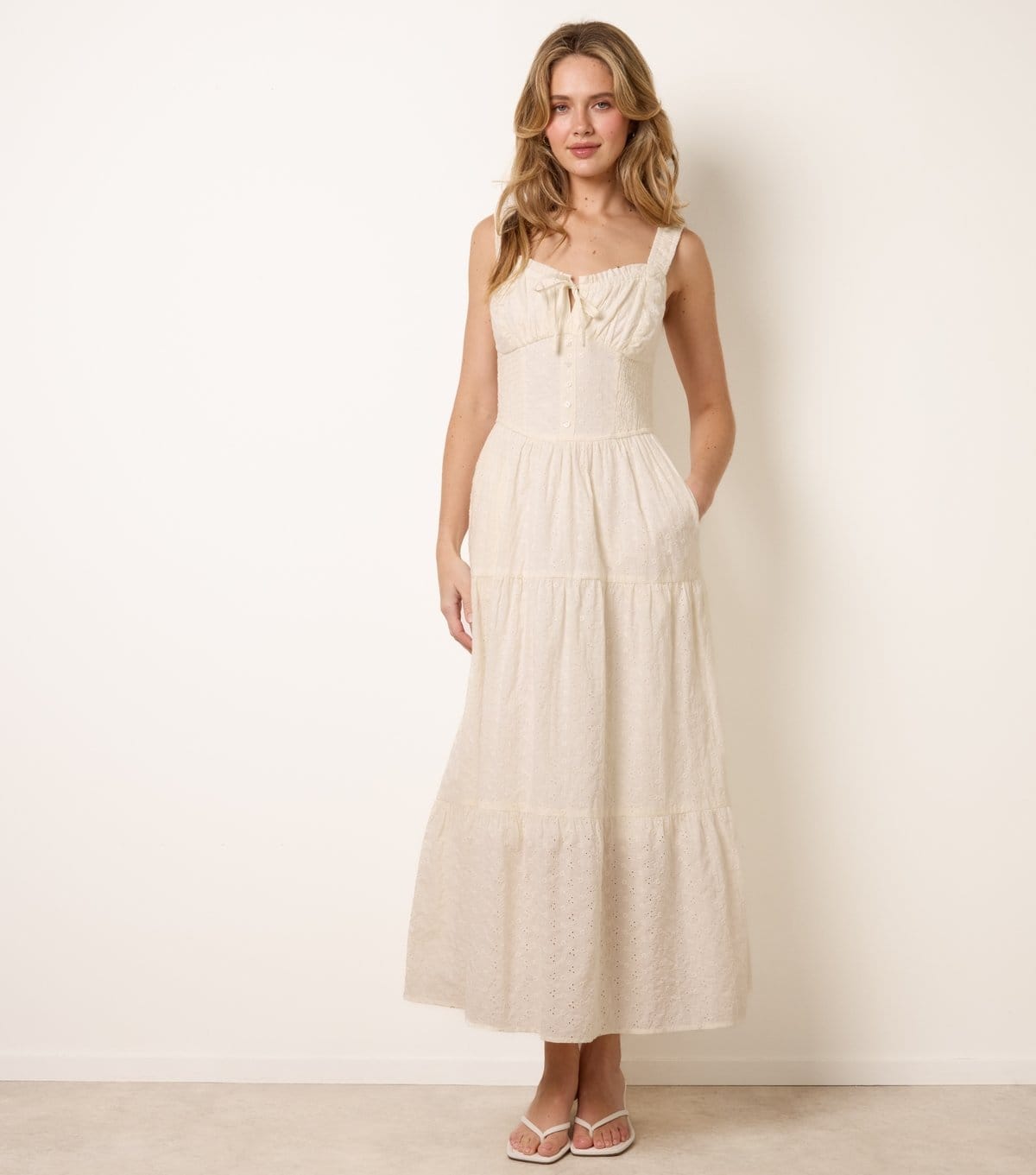 Blue Vanilla Off White Broderie Anglaise Button Detail Maxi Dress