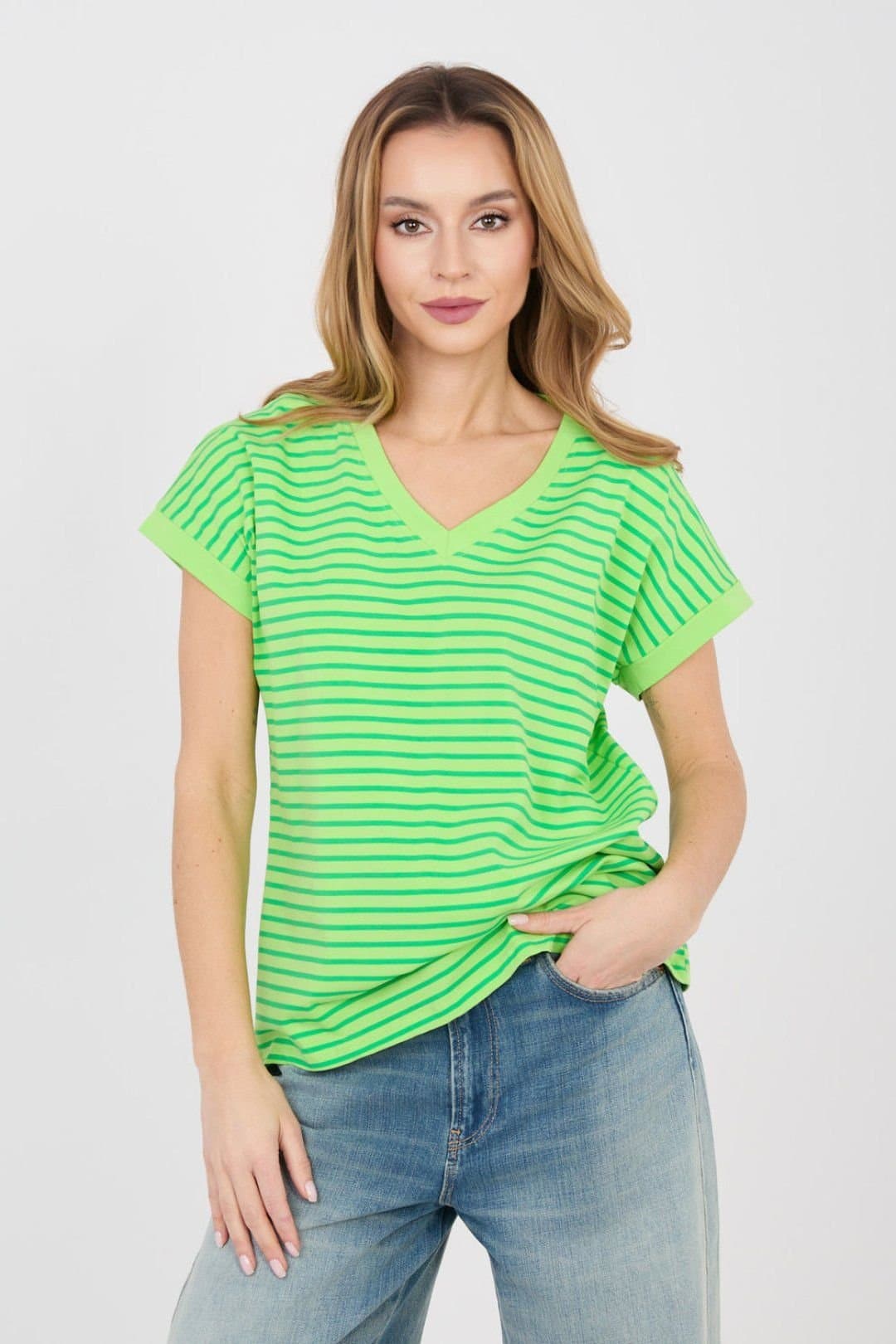 Love Lace Love Lace Women's Striped V Neck Cotton Elastane T-Shirt in Green