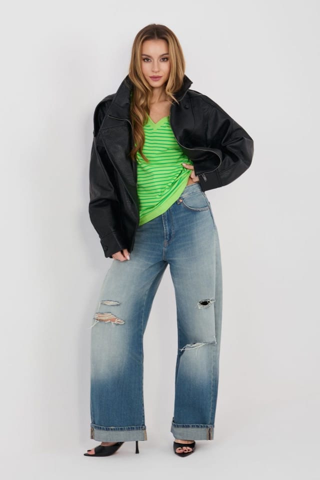 Love Lace Love Lace Women's Striped V Neck Cotton Elastane T-Shirt in Green - 2