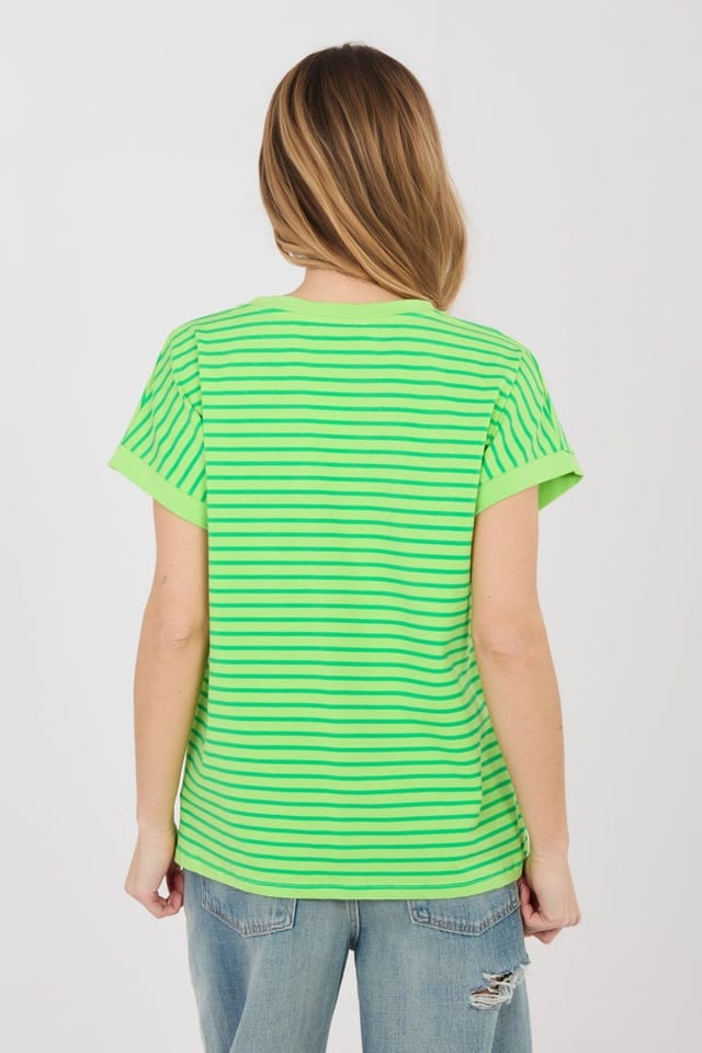 Love Lace Love Lace Women's Striped V Neck Cotton Elastane T-Shirt in Green - 3
