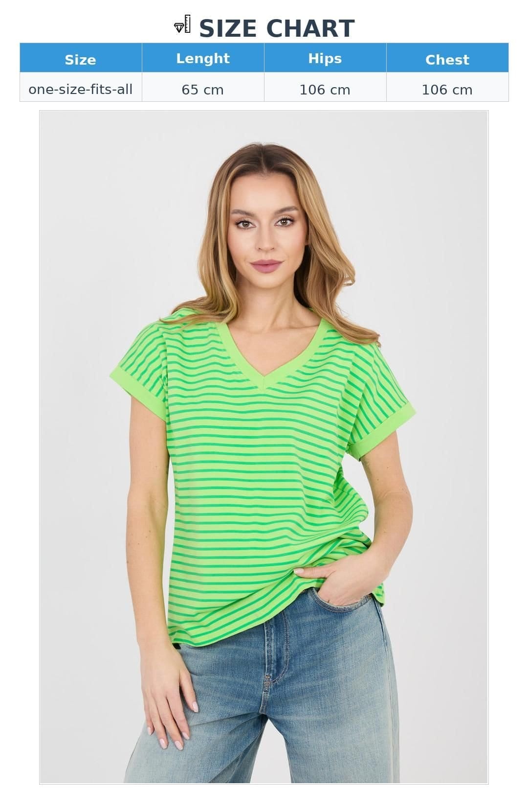 Love Lace Love Lace Women's Striped V Neck Cotton Elastane T-Shirt in Green - 4