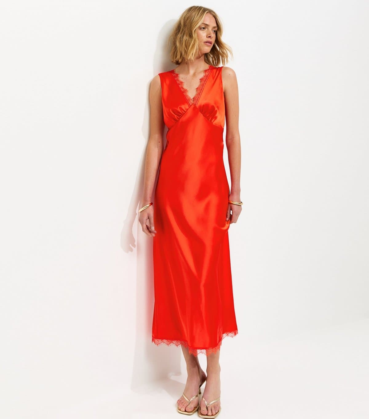 New Look Women's Red Satin Lace Trim Slip Midi Dress New Look