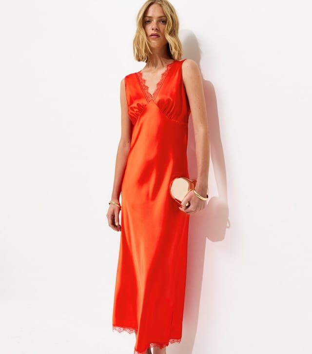 New Look Women's Red Satin Lace Trim Slip Midi Dress New Look - 3