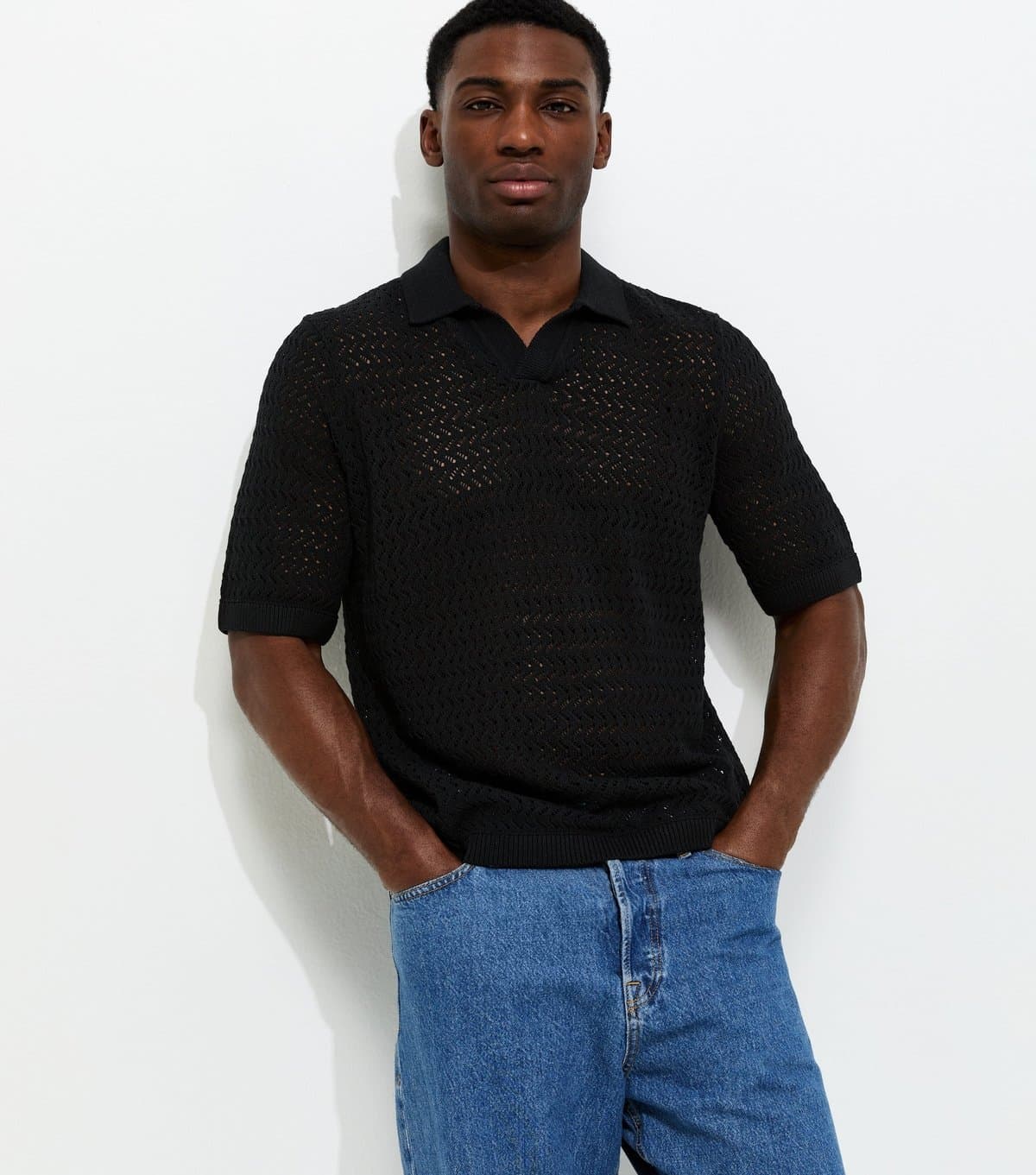 Only and Sons Men's Black Regular Open Knit Polo Shirt Only and Sons New Look