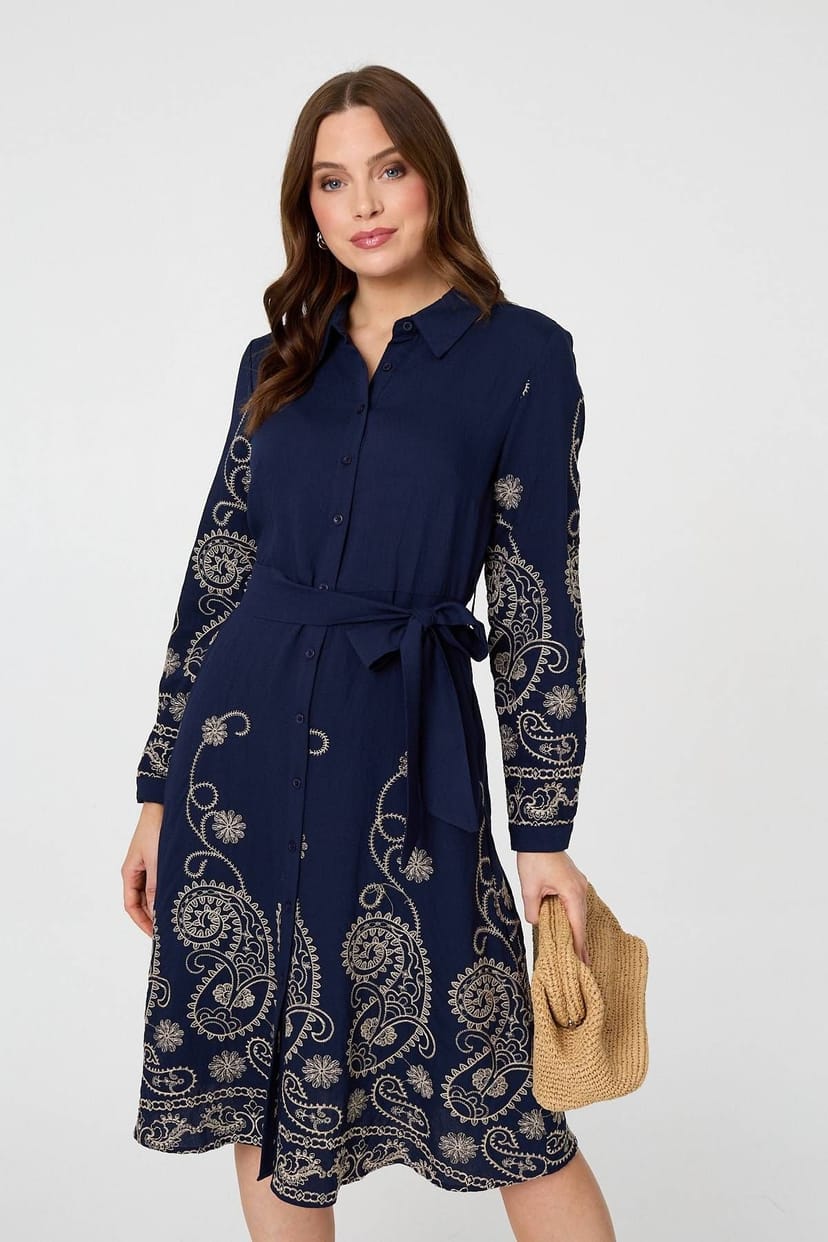 Izabel London Izabel London Women's Embroidered Long Sleeve Shirt Midi Dress in Navy - 1