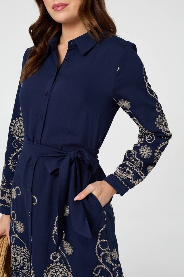 Izabel London Izabel London Women's Embroidered Long Sleeve Shirt Midi Dress in Navy - 2