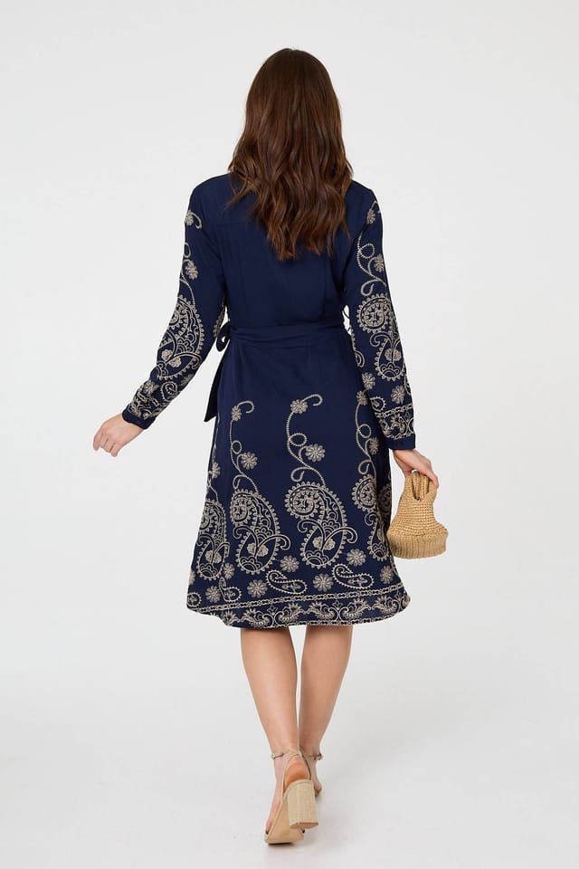 Izabel London Izabel London Women's Embroidered Long Sleeve Shirt Midi Dress in Navy - 3