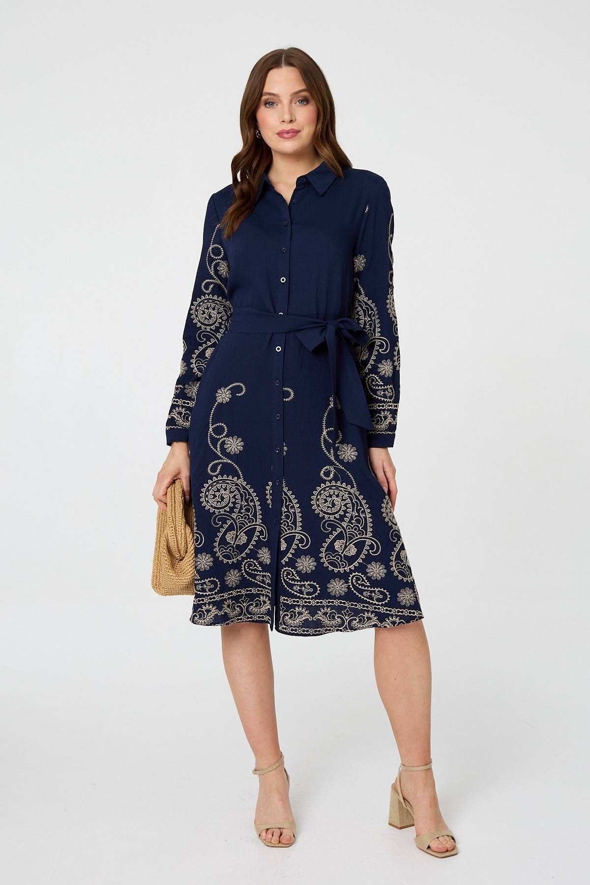 Izabel London Izabel London Women's Embroidered Long Sleeve Shirt Midi Dress in Navy - 4