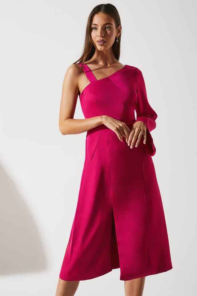 Coast Coast Women's One Shoulder Satin Midi Wedding Guest Dress in Hot Pink - 2
